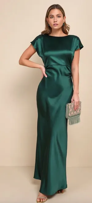 Lulus Captivating Presence Forest Green Satin Cowl Back Maxi Dress Formal M NWT thumbnail 1