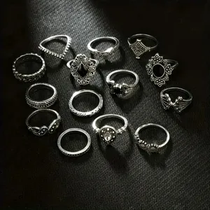 15 pc set Retro Midi Rings Silver and Black thumbnail 4