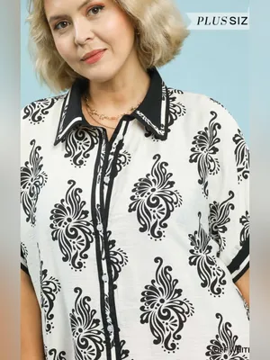 New! Umgee Plus Size Off-White Black & White Abstract Button-Front Size 2X thumbnail 4