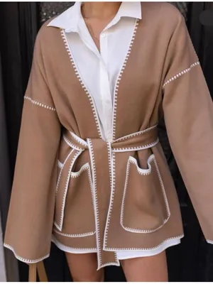 Fashion Hunter Camel Belted Kimono / Cardigan with White Trim thumbnail 2