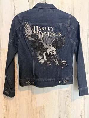 Harley-Davidson Women’s XS Denim Jacket Eagle Rhinestone Embroidered Moto thumbnail 13