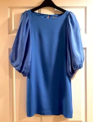 Alice + Olivia 100% Silk Paris Blue Balloon Sleeve Mini Smock Min Dress Sz S thumbnail 1