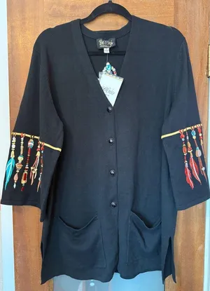 Bob Mackie Women’s Black Wearable Art Feather Cardigan Sweater Dream Catcher thumbnail 1