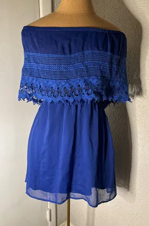 Gameday By Chloe Blue Strapless Boatneck Lace Top Mini Dress S Rainbowcore Twee thumbnail 1