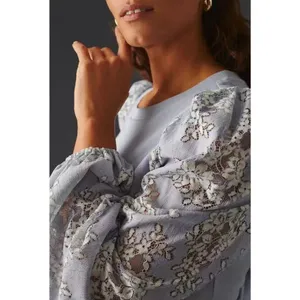 NWOT Anthropologie DOLAN Lace Puff-Sleeve Top Blue Size L Long sleeve thumbnail 2