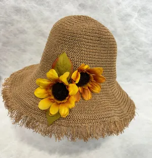 Womens‎ Brown Woven Paper Straw Sun Hat with Frayed Edge and Sunflowers thumbnail 1