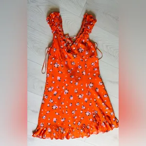 Free People Like a Lady Printed Mini Orange Dress Open Tie Back, Sz M thumbnail 4
