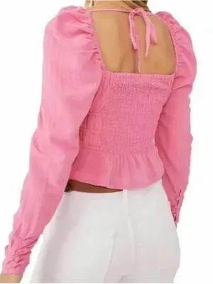 Free People Chloe Top Barbie Pink Smock Ruched Juliet Ruffle Top XS Summer Cutie thumbnail 5