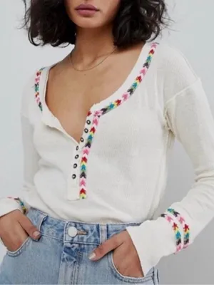 Free People Rainbow Waffle Henley in Cream thumbnail 1