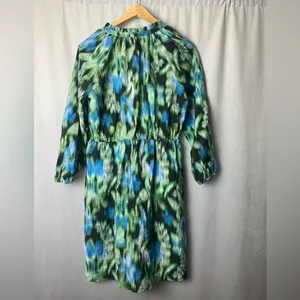 Boho Chic Ruffle Neck Mini Dress Party Green /Blue Patterned Mini Dress S thumbnail 3
