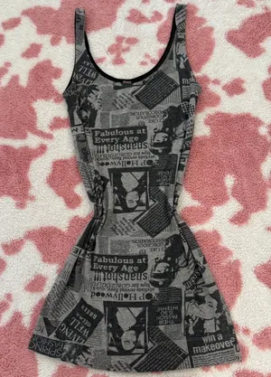 Y2K Newspaper Print Bodycon Mini Dress Grey Black Indie Sleaze Coquette Small thumbnail 1