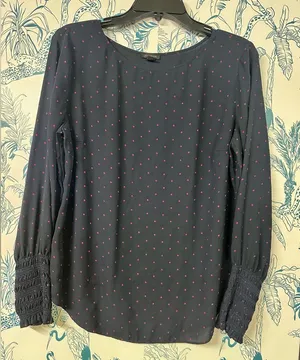 Ann Taylor Navy Blouse with Red Dots thumbnail 1