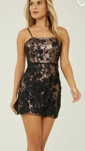 Altar'd State Lia Sequin Flower Black Gold Mini Dress Size S thumbnail 1