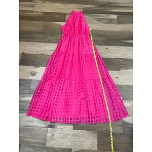 ChicWish Pink Dress with Solid & Sheer Checkered Overlay Halter Ruffle Neck Sz M thumbnail 6