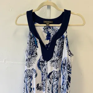 Tommy Bahama Paisley Stripe Sleeveless V-Neck Shift Midi Dress Large Blue White thumbnail 3