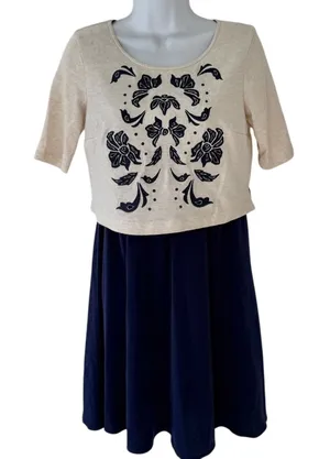 Lilka Cream Navy Blue Short Sleeve Embroidered Cutout Flower Mini Dress Size XS thumbnail 1