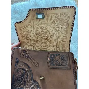 VTG Hand Tooled Leather Purse Hand Bag Brown Floral SouthWestern Beautiful thumbnail 2