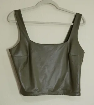 Express Body Contour Faux Leather Square Neck Crop Top Olive Green Large thumbnail 1