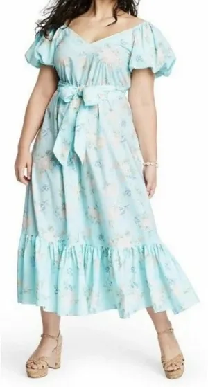 Love Shack Fancy X Target Estelle Blue Floral Puff Sleeve Midi Dress Size 8 thumbnail 1