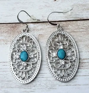 Silver Tone Ornate Dangle with Turquoise Tone & Clear Gems Large - New thumbnail 1