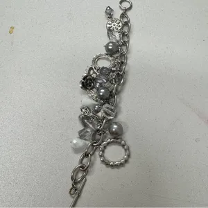 Silver Tone Chunky Charm Bracelet Hearts Rose Rhinestone thumbnail 5