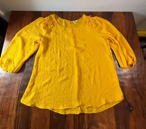 Cato Yellow Smocked Shoulder‎ 3/4 Balloon Sleeve Textured Blouse Large Mustard thumbnail 1