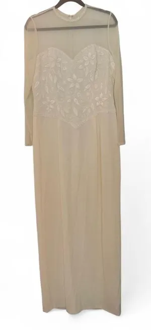 Vintage Oleg Cassini Black Tie Ivory Beaded Formal Gown Size 14 Sweetheart Neck thumbnail 1