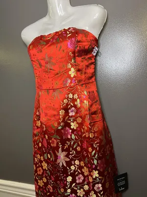 Lulus Dress Womens Medium Red Floral Jacquard Strapless Sheath Maxi Side Slit thumbnail 6