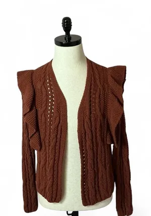 Universal Threads Cardigan Ruffle Open Knit Brown Small Sweater thumbnail 1