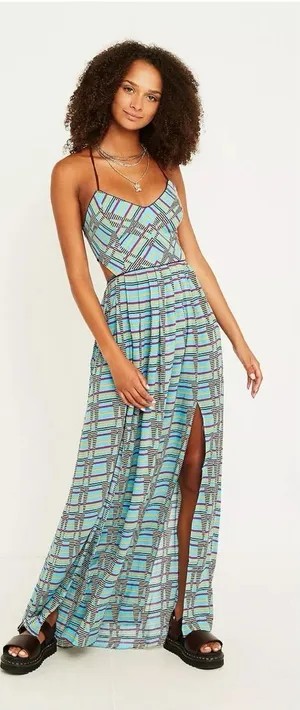 NWT Urban Outfitters UO Gia Open Back Flowy Boho Maxi Dress Medium Blue thumbnail 1