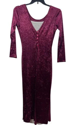 Crushed Velvet Maxi Dress Burgundy Deep VNeck Button Front Gold Sparkle Lining S thumbnail 1