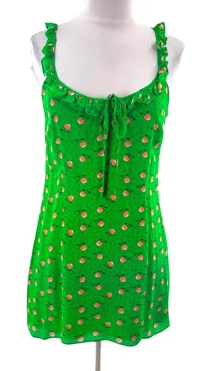 HVN silk crepe de chine mini dress‎ ruffle neck peach print sz 2 thumbnail 1