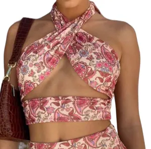 Tiger Mist Pink Paisley Print Criss Cross Boho Wrap Halter Top Women’s Size XS thumbnail 1