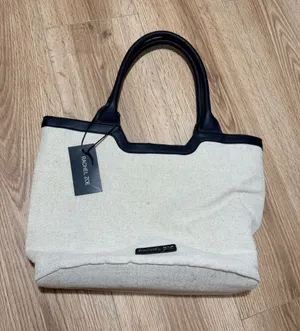 Rachel Zoe Large Tote Bag Natural Linen Canvas Black Trim Shoulder Purse NWT thumbnail 1