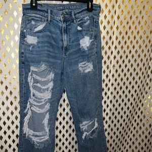 American Eagle jeans super distressed baggy pants straight boyfriend size 8 thumbnail 2