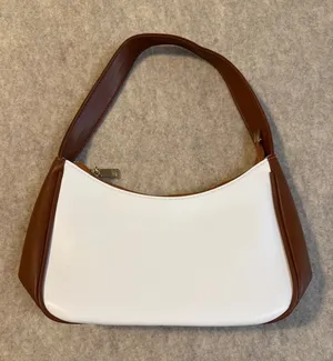 White and Brown Baguette Shoulder Bag Minimalist Two Tone Handbag Gold Zipper thumbnail 1