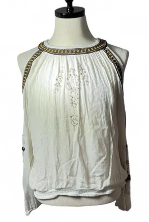 Free People Boho Embroidered Cold Shoulder Blouse Womens M Ivory Beaded Top thumbnail 1