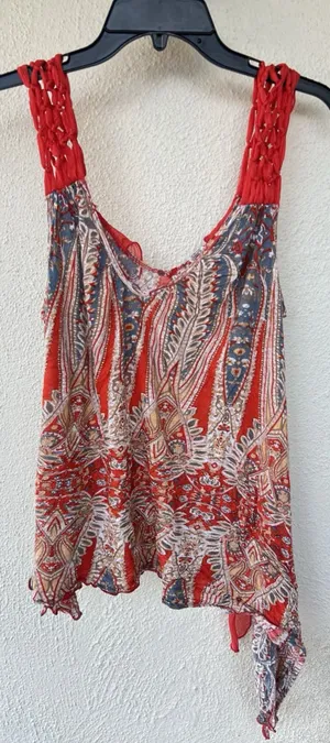 Free People Red Boho Paisley Print Festival Tank Draped Flowy Tie Back Women’s M thumbnail 1