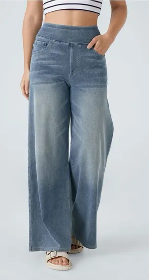 Halara Flex Wide Leg Jeans L Blue Pull On High Waisted Stretch Denim thumbnail 1