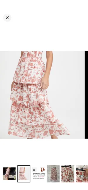 WeWoreWhat Paloma Tiered Pastoral Toile Maxi Skirt Like New Large. Smocked stretchy waist. Beautiful layered ruffles. Rust red/white. Boho/festival vibe. AirTag missing, but this is definitely cotton or cotton blend. 37” long 13.5-16” waist thumbnail 2
