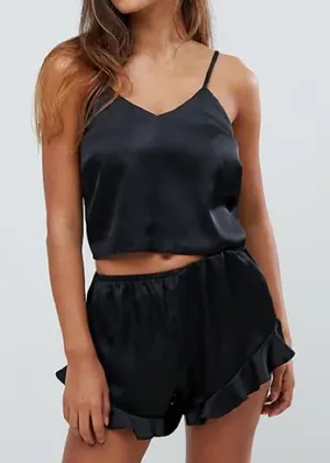 Missguided black satin silky 2 piece pajama set thumbnail 1