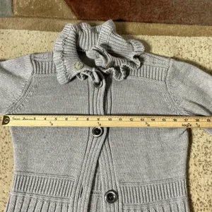 Dark Academia Coquette Wool Blend Ruffle Neck‎ Long Cardigan Women M Grey Knit thumbnail 3