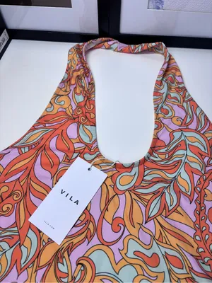 VILA Halter Midi Dress in Orange, Pink & Yellow Swirl Print NWT Size EU M thumbnail 3