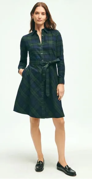 Brooks Brothers Brushed Cotton Flannel A Line Shirt Dress Navy Green Plaid 4 thumbnail 1