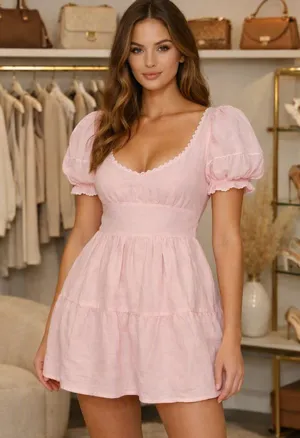 NWT Olivaceous Pink Puff Sleeve Babydoll Mini Dress with Pockets - Size S thumbnail 1