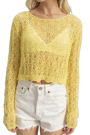 HYFVE Women's Small Yellow Long Sleeve Crochet Knit Pullover Sweater Sheer thumbnail 1