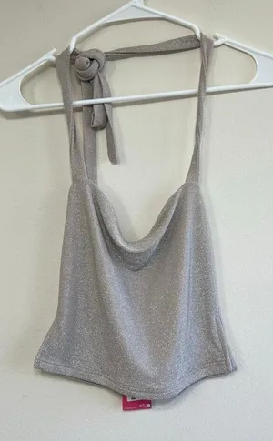 Edikted Womens Sparkly Steel Side Slit Halter Crop Top Silver Small NWT thumbnail 1