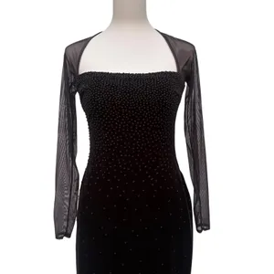VTG 90s‎ Cache Velvet Beaded Evening Gown XS Brown Sheer Mesh Maxi FairyGrunge thumbnail 3