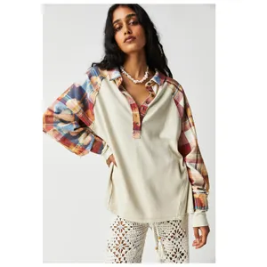 FREE PEOPLE Isabelle Plaid Trim Thermal Henley In Mink Combo Size Large thumbnail 12