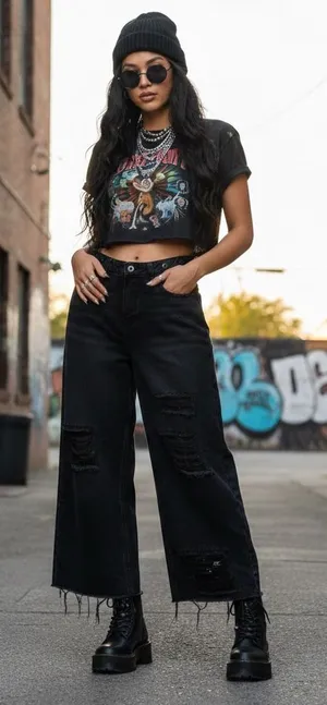 Hot Topic‎ Social Collision Black Wide Leg Cropped Jeans Womens SM Grunge Retro thumbnail 1